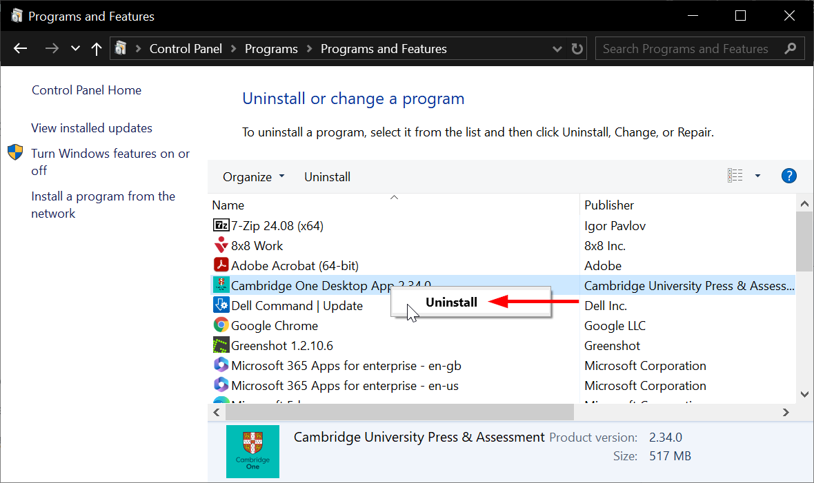 Screenshot highlighting the uninstall button in uninstall or change programs in windows