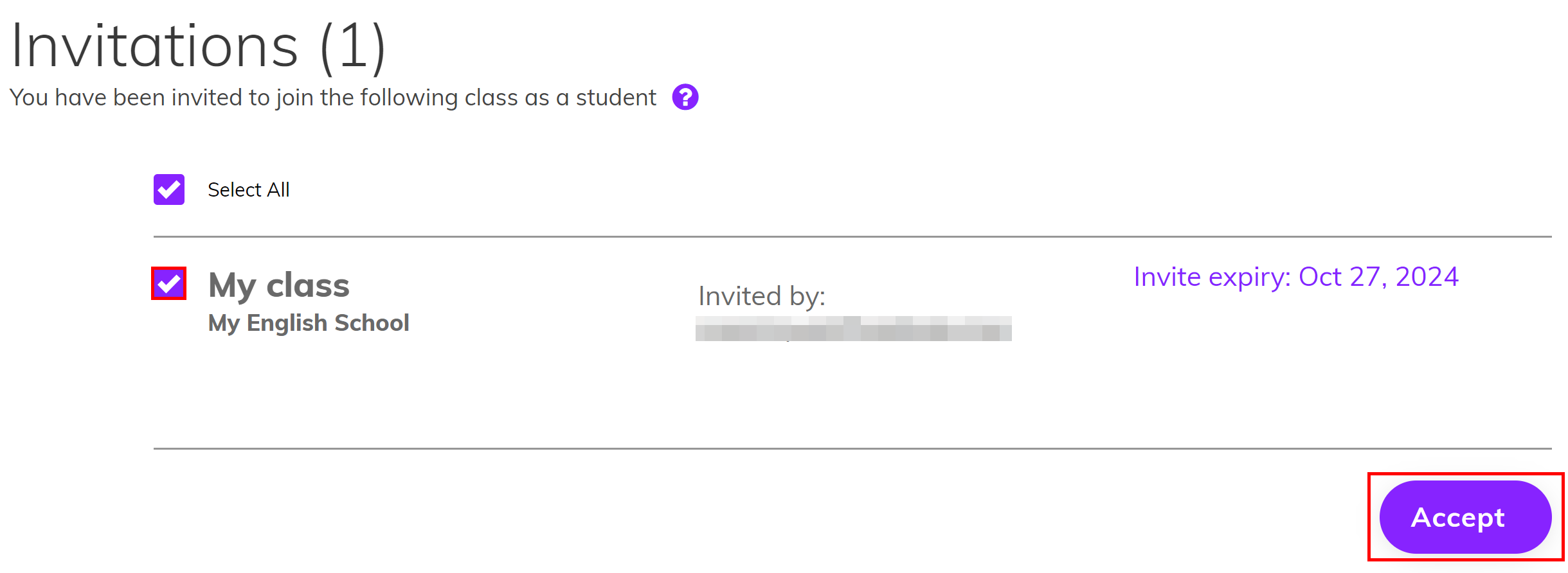 Screenshot showing the 'Invitations' screen highlighting the checkbox ticked next to the class name and the 'Accept button'