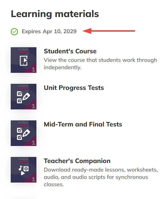 Screenshot of the Learning materials section highlighting the expiration date of a code