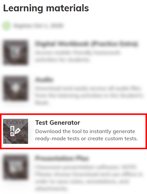 Screenshot highlighting the 'Test Generator' component once the title has been selected