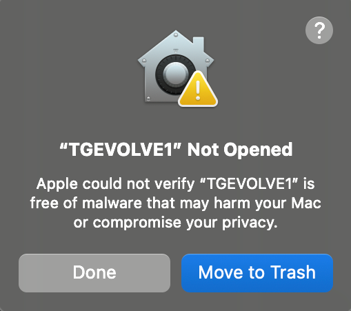 Screenshot of the error message Apple displays when the file isn't trusted software