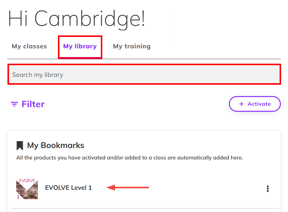 Screenshot of the 'My library' tab highlighting the search bar and 'My Bookmarks' section