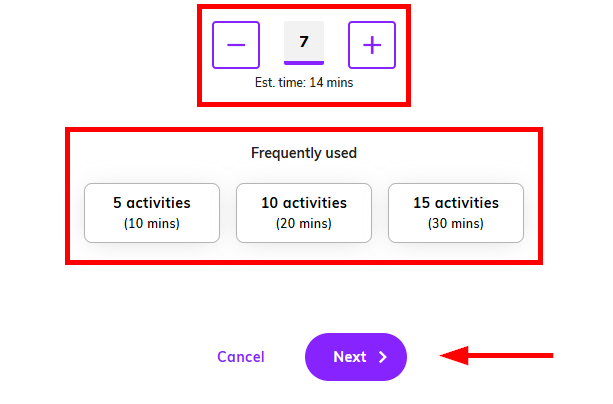 Screenshot highlighting the options for estimated time and number of activities